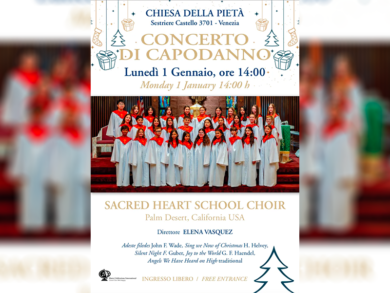Il concerto si aprirà con l'inno della Sacred Heart School mentre alla conclusione del concerto, il coro regalerà al pubblico un'ultima sorpresa eseguendo un medley tratto dal classico del cinema "Sister Act". I giovani artisti delizieranno il pubblico veneziano con un repertorio interamente dedicato al periodo natalizio, accuratamente arrangiato. Alternando i grandi classici della tradizione, tra cui "Adeste Fideles", "Silent Night", "Angels we have heard on high", e "Joy to the world", presenteranno anche brani contemporanei statunitensi come "Lead me lord" e "Sing we now for Christmas." La loro esibizione sarà un connubio tra la ricca eredità musicale natalizia e le influenze contemporanee, regalando al pubblico un'esperienza emozionante e coinvolgente che celebra la magia e lo spirito della stagione festiva.