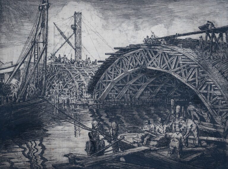 Costruzione del ponte al nuovo imbocco del Canal Grande 1932 Acquaforte, mm 435 x 588